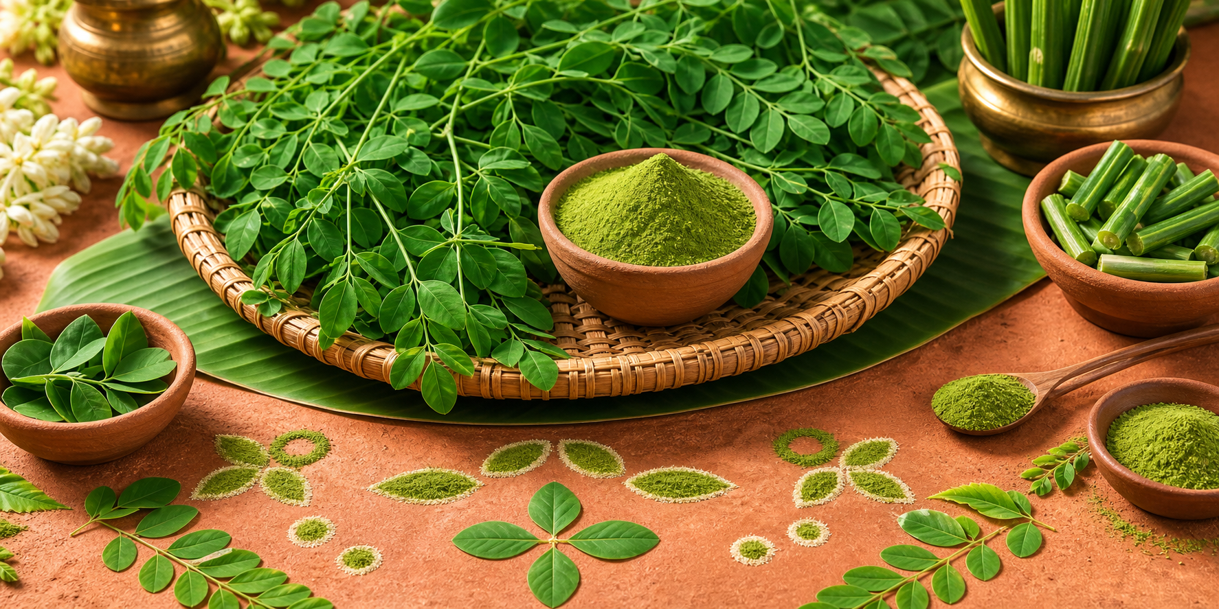 Fresh moringa leaves and green powder