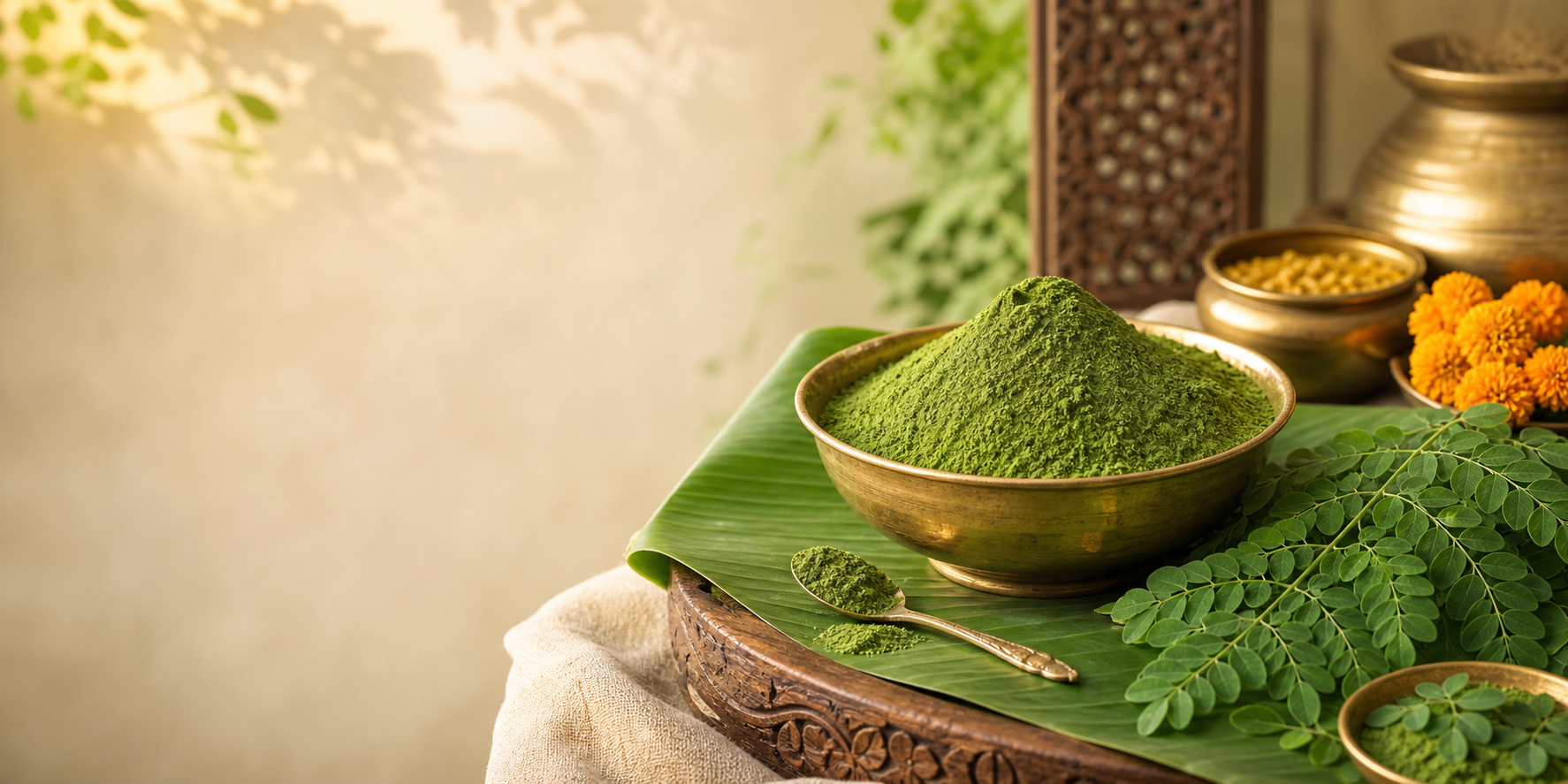 Indian moringa powder in a brass bowl with fresh leaves