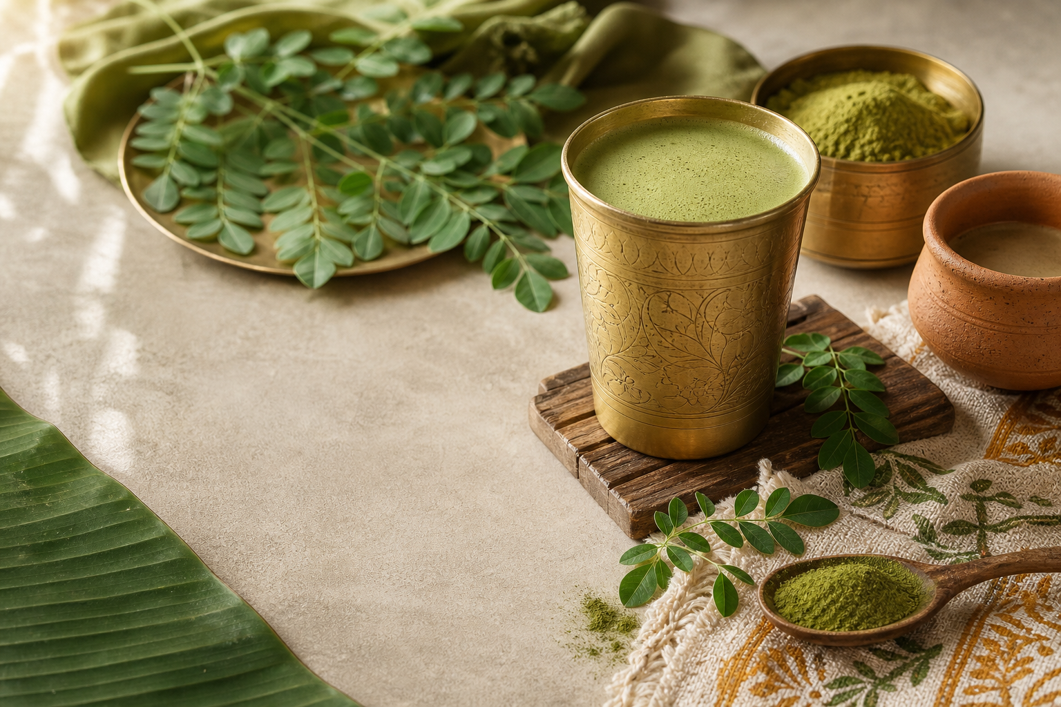 Moringa wellness drink on Indian textile